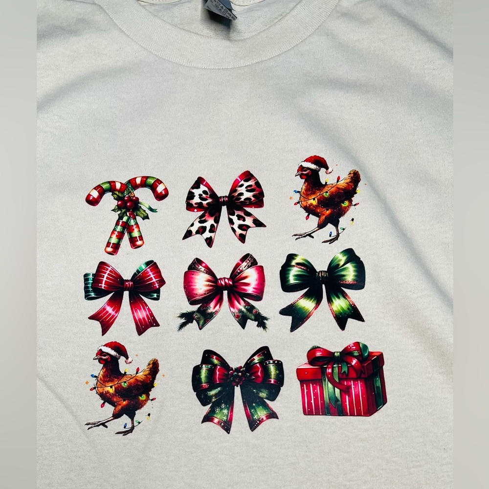 NEW Christmas chickens and bows Shirt, Sz. LG, gift, fun, women’s, cute